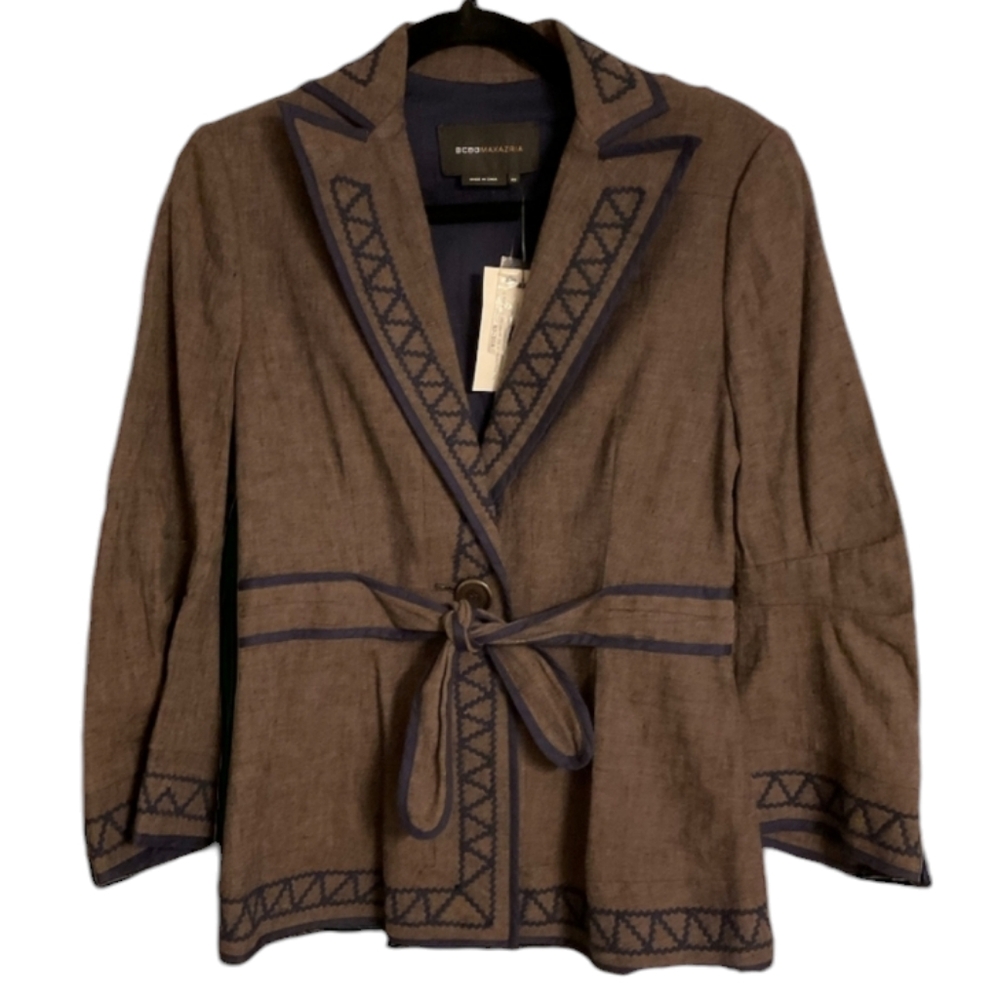 BCBGMaxAzria Brown Pleated Belted Blazer with Blue Accents Womens Size XS